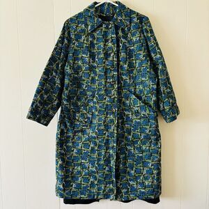 VTG MOD 60s Abstract Geometric Pattern Lined Swing Coat Jacket Green Blue Frock